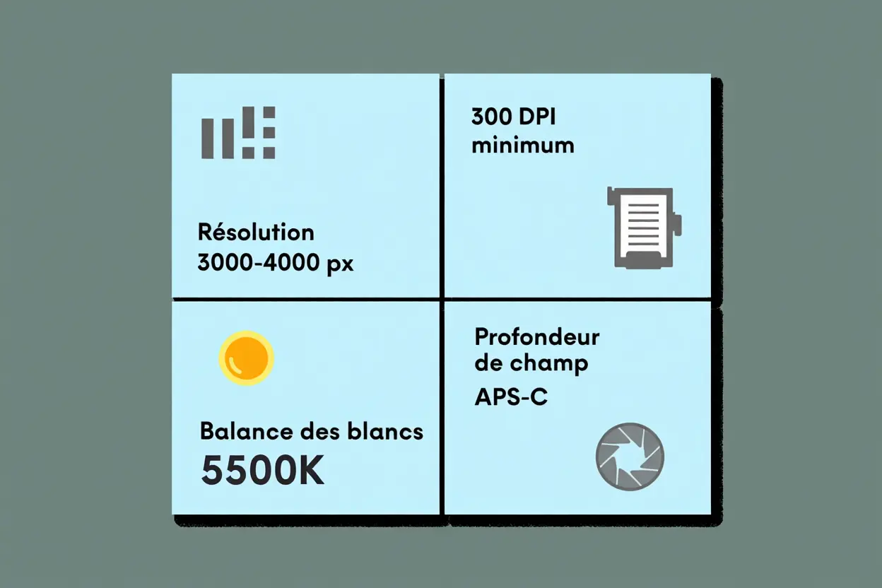 Alt: Schéma quadrillé sur fond bleu clair expliquant les paramètres d’un pack shot produit : résolution 3000-4000 px, 300 DPI minimum, balance des blancs 5500K et profondeur de champ APS-C.