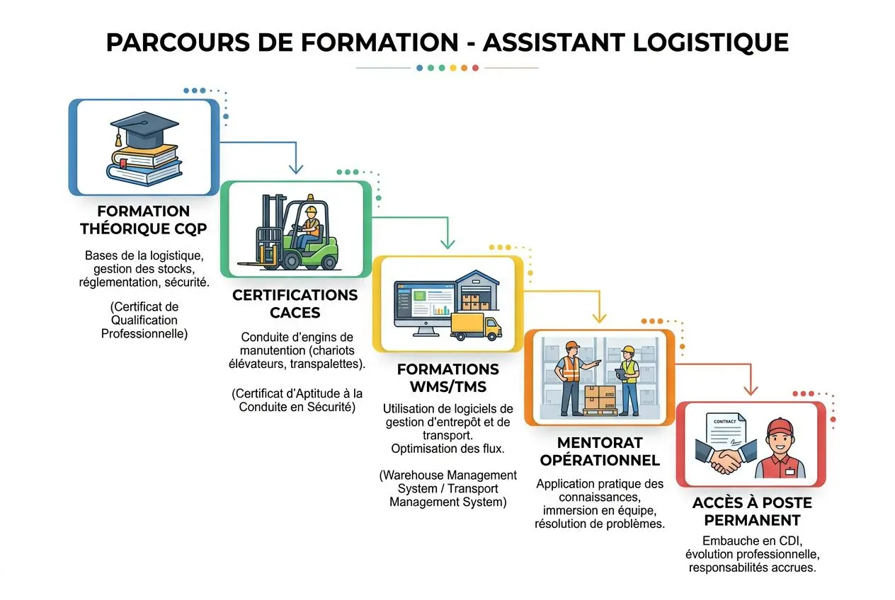 Parcours de formation pour agent logistique: illustration montrant les étapes de formation, certifications, formations WMS/TMS, mentorat opérationnel et accès à poste permanent. Inclut le mot-clé: compétences agent logistique.