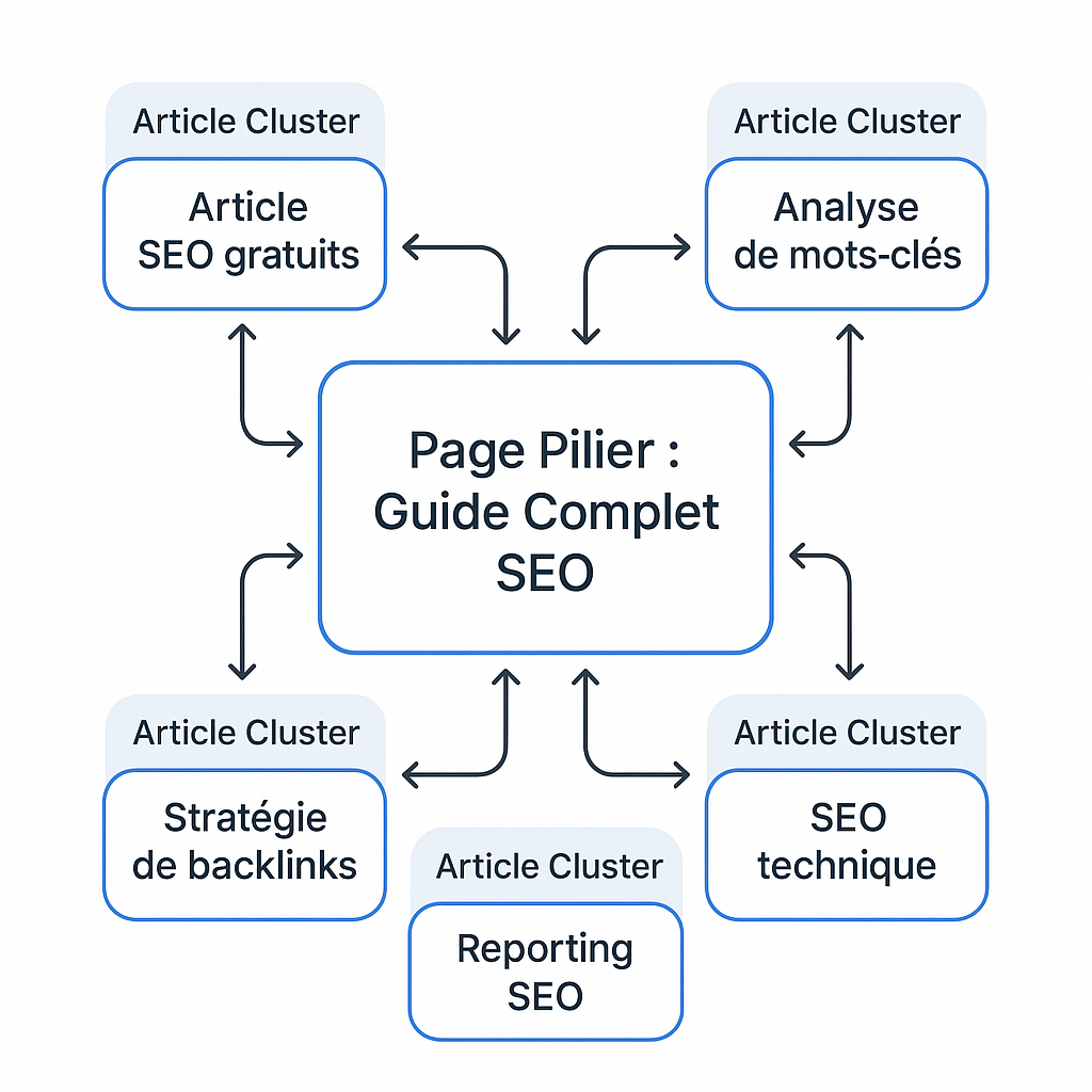 Schéma expliquant le modèle des piliers et clusters en SEO, avec une page pilier centrale reliée à plusieurs articles satellites.