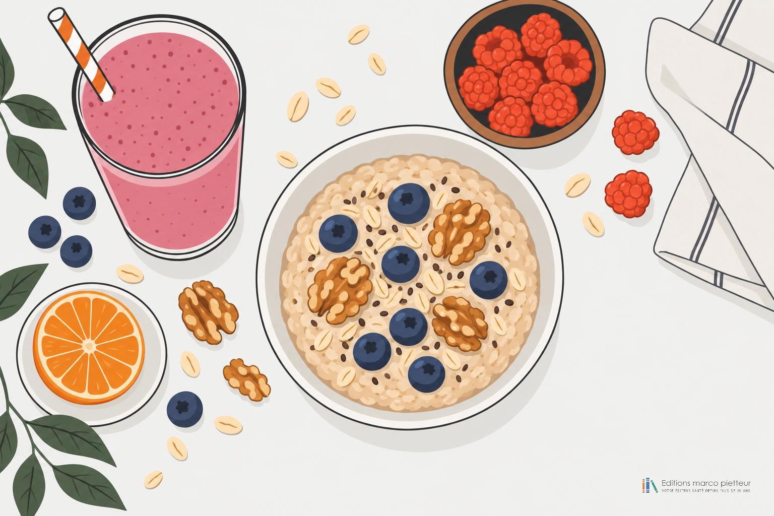 Petit-déjeuner sain : bol de porridge aux myrtilles et aux noix, smoothie rose et tranche d'orange