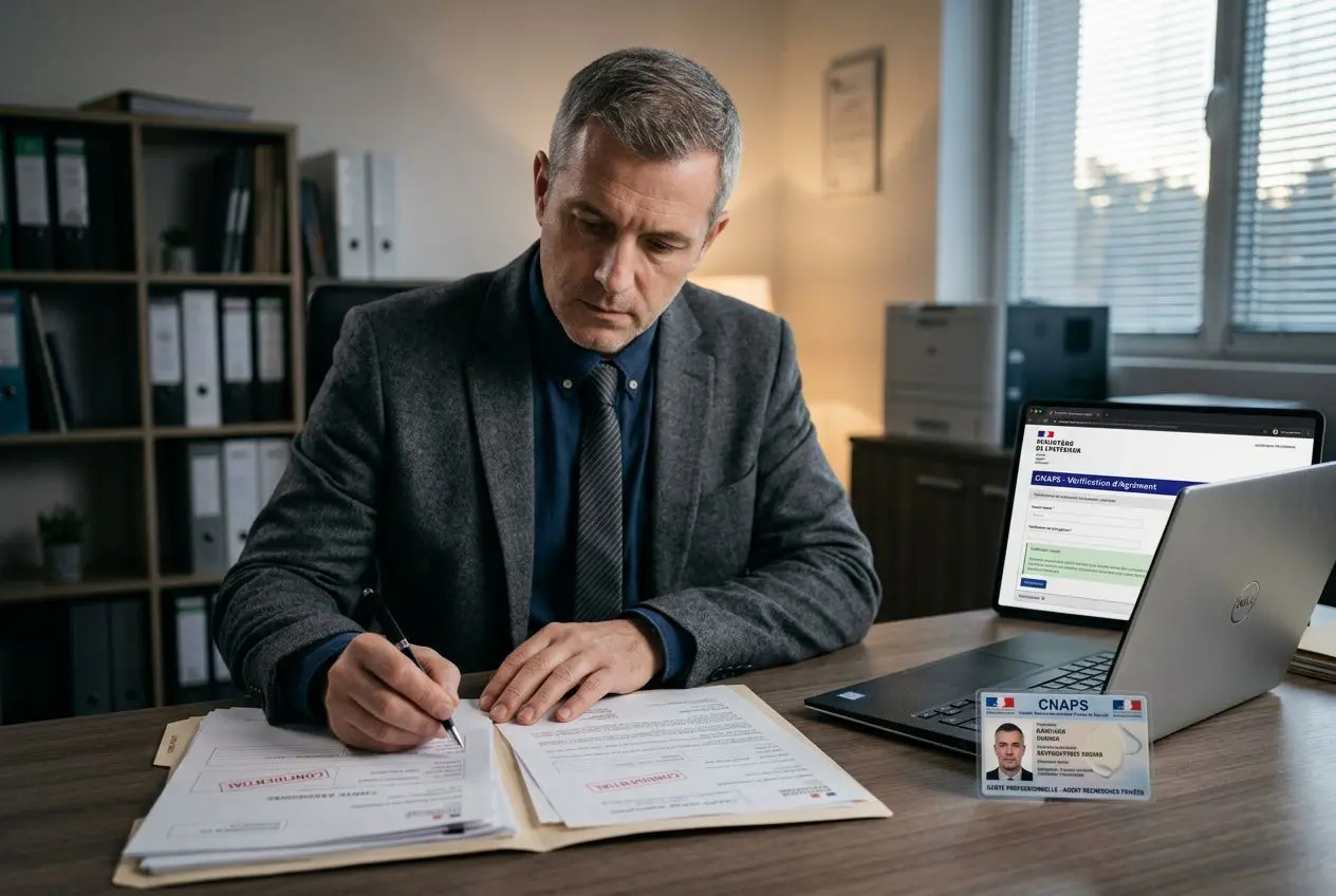 Homme d’affaires en costume signe des documents au bureau, près d’un ordinateur portable CNAPS et d’un badge, ambiance professionnelle.