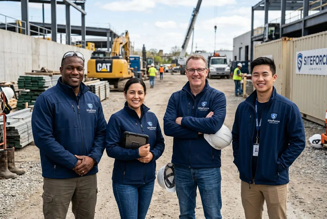 Quatre collaborateurs portant des softshell entreprise personnalisée en bleu foncé sur un chantier, avec accessoires et casques, près d'engins et structures industrielles.