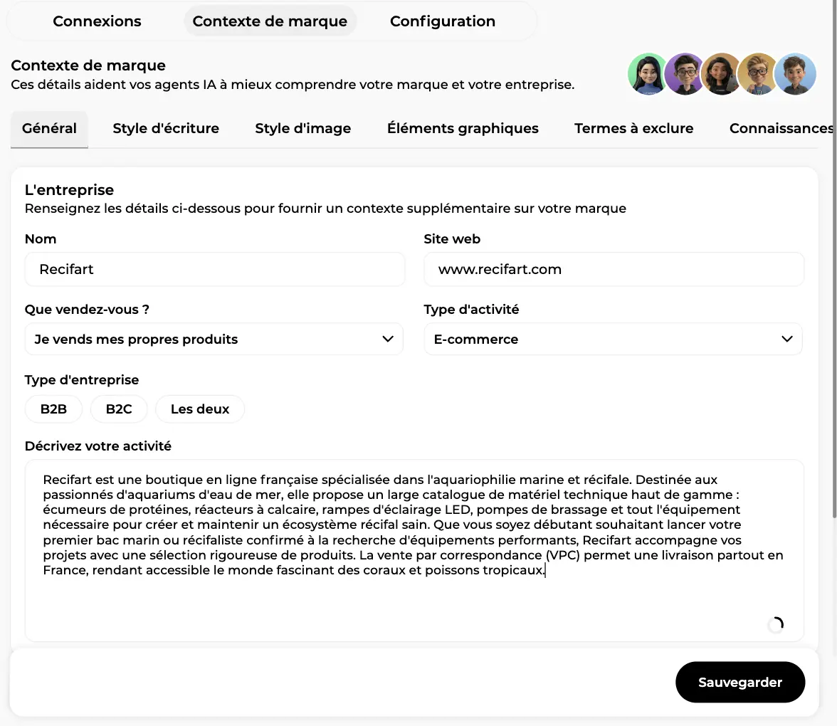 Onglet Général du contexte de marque avec le nom, le type d’activité, le type d’entreprise et la description de l’activité