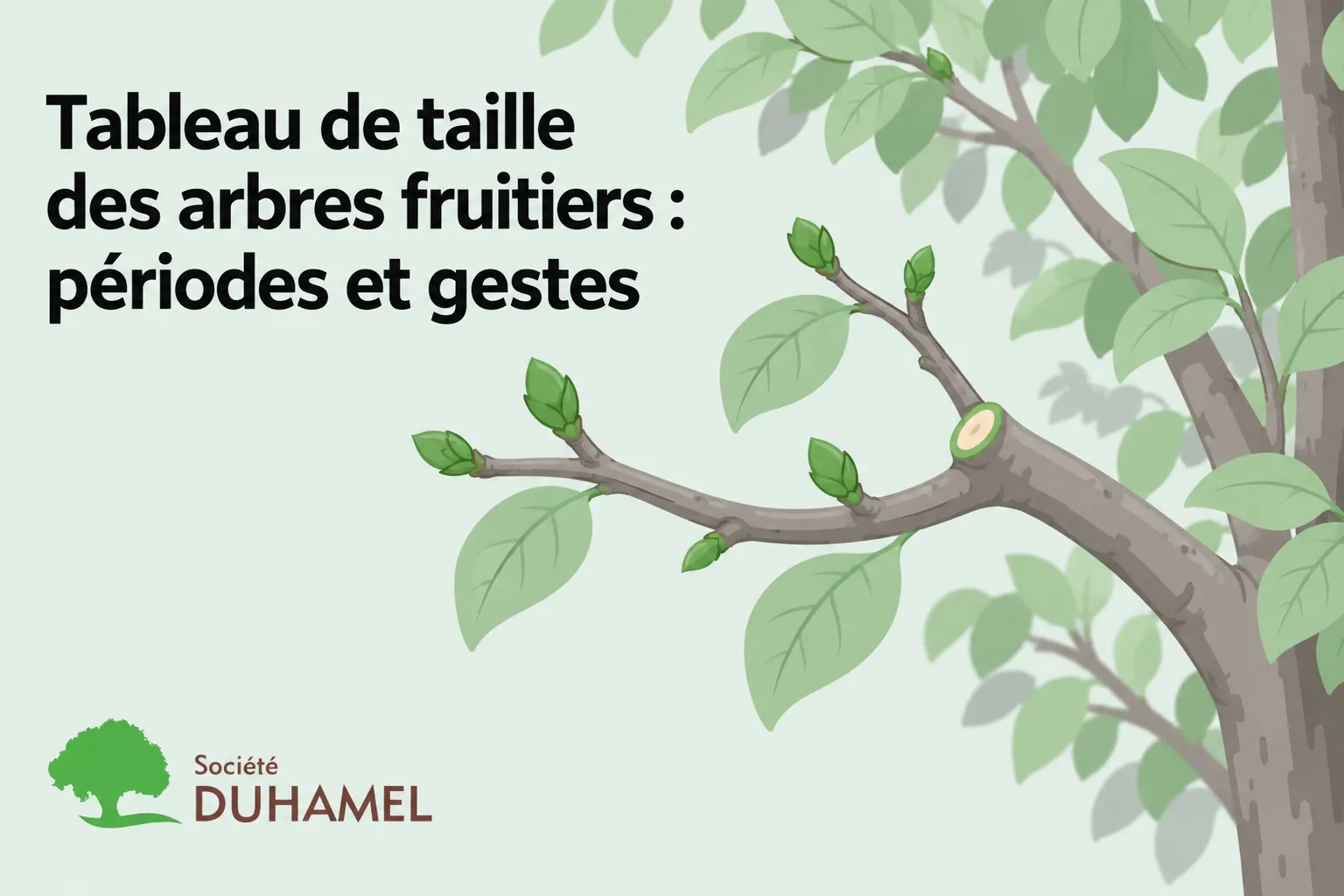 Tableau de taille des arbres fruitiers illustré par une branche d’arbre avec des feuilles vertes et des bourgeons.