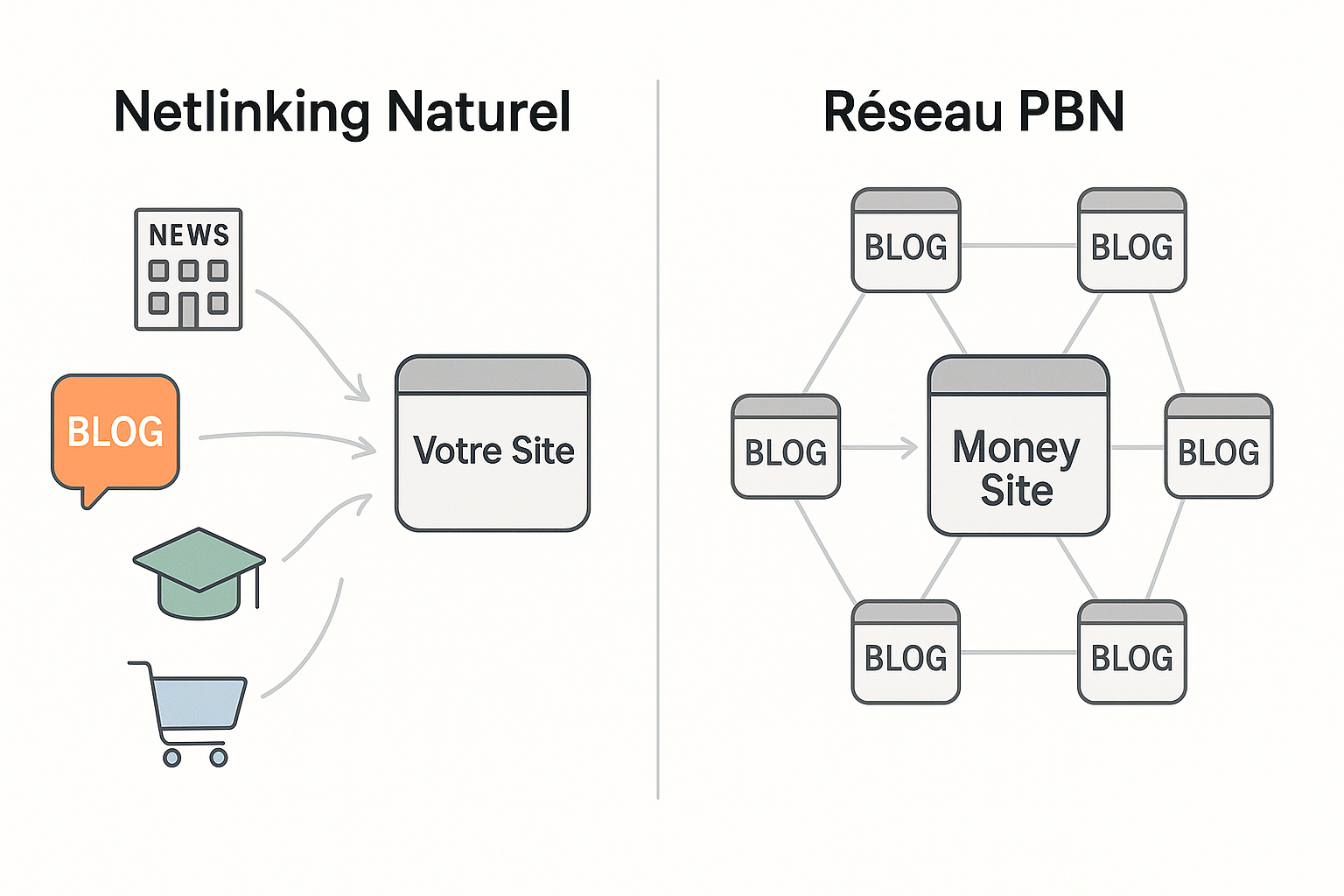 Schéma comparant le netlinking naturel provenant de sources diverses et un PBN où un réseau de sites artificiels pointe vers un site unique.