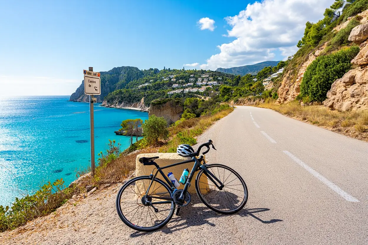 Vélos de route haut de gamme alignés dans un garage avec vue sur montagnes de Majorque