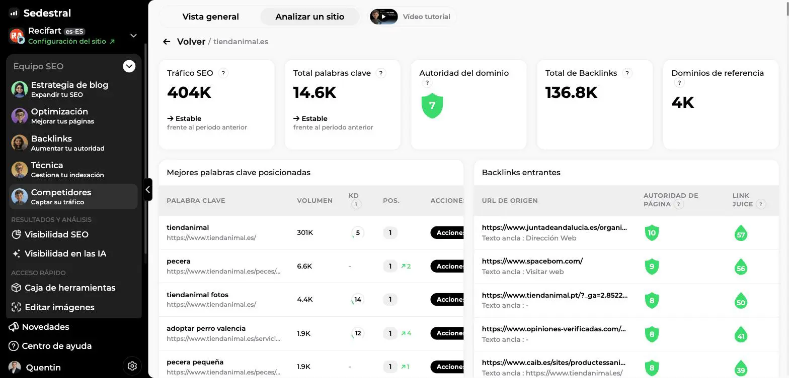 Pantalla Analizar un sitio en Sedestral con tráfico SEO, total de palabras clave, autoridad del dominio, backlinks y dominios de referencia