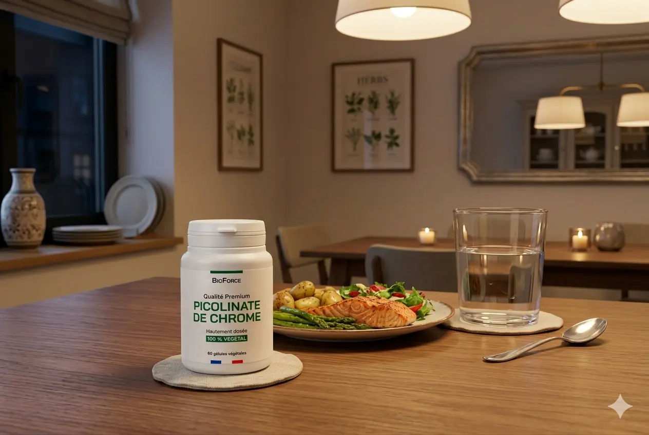 Poudre BiForce Piccolinato de Chrome sur une table de cuisine avec assiette de salade et verre d’eau, dans une salle à manger chaleureuse.
