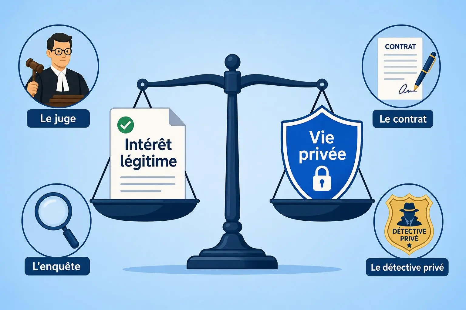 Balance de justice: "Intérêt légitime" vs "Vie privée" autour d’une balance, avec icônes Le juge, Le contrat, L’enquête et Le détective privé. Filature légale au centre.