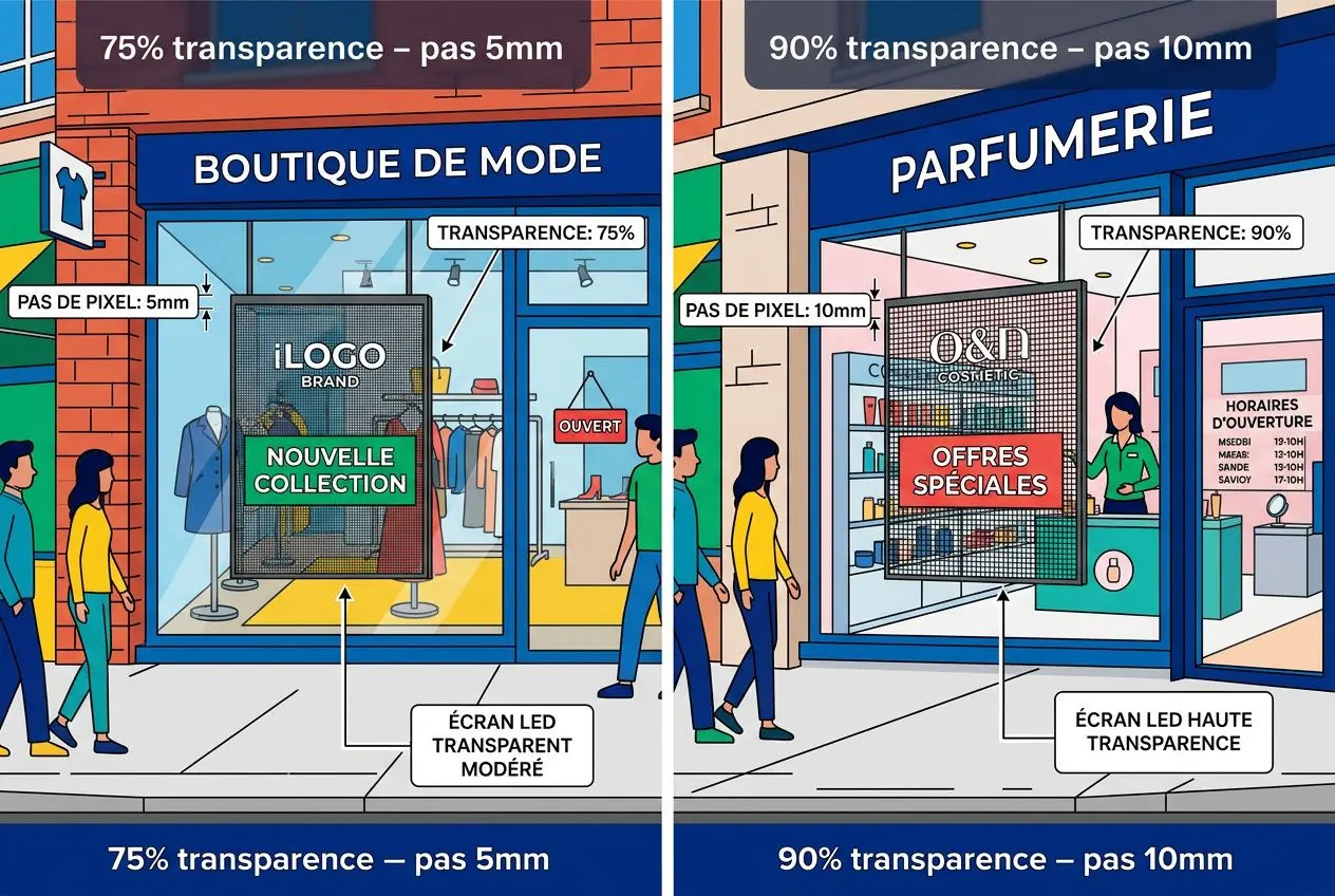 Écran led géant centre commercial : boutique de mode et parfumerie avec affichage transparent, panneaux et clients.