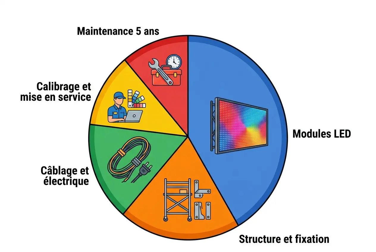 Guide visuel des étapes pour l’installation et mise en place des écrans led géants, modules LED et structure, câblage, électrique et maintenance.