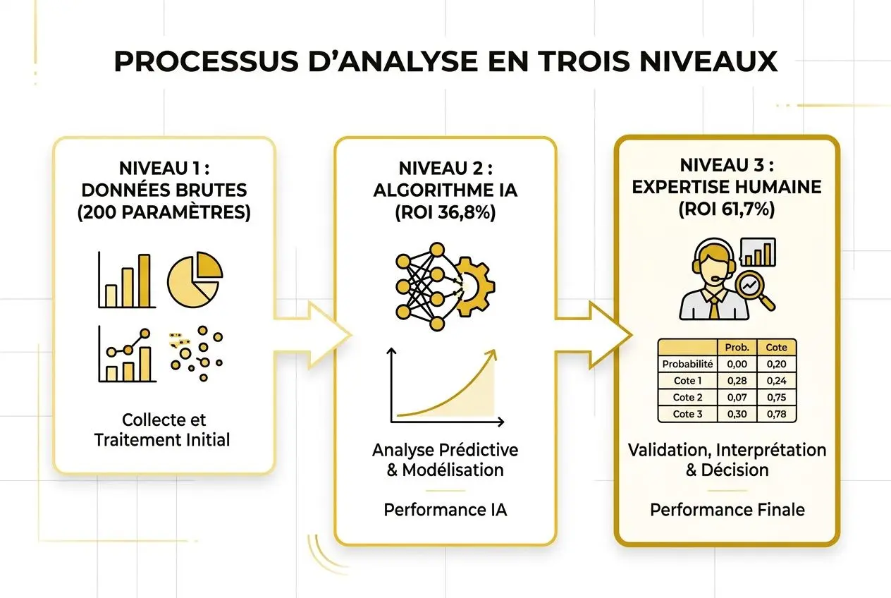 Processus d’analyse en trois niveaux avec données brutes, IA prédictive et expertise humaine pour les pronostics Roland Garros 2026.