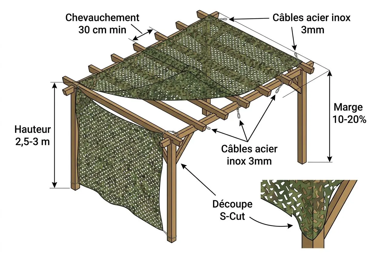 Filet de camouflage installé sur une structure en bois pour ombrage : hauteur 2,5–3 m, découpes S-Cut, câbles inox 3 mm et chevrements, couvrant une terrasse en forte chaleur.