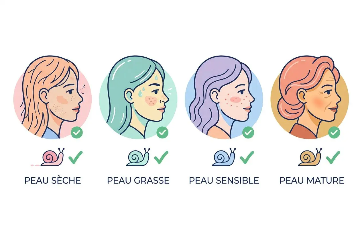 Illustration de quatre profils de peau et escargots, indiquant peau sèche, peau grasse, peau sensible et peau mature avec coche verte. mucine d'escargot intégrée naturellement.