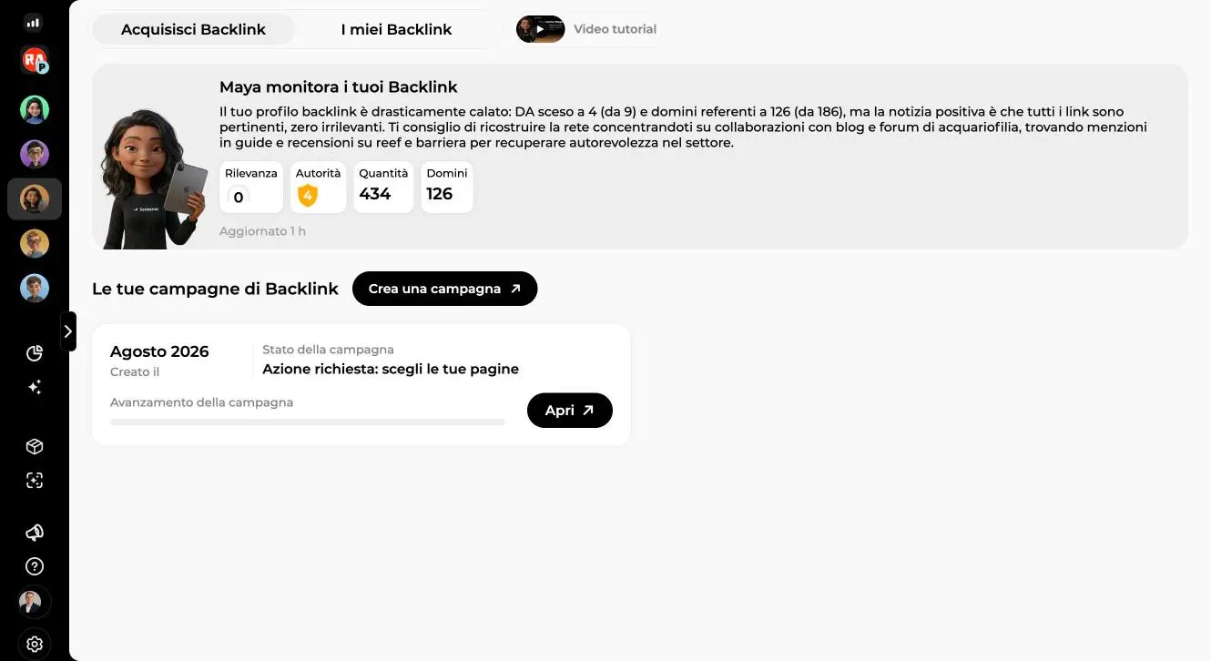 Scheda Acquisisci Backlink: rapporto di Maya, contatori Rilevanza 0, Autorità 4, Quantità 434, Domini 126 e pulsante Crea una campagna