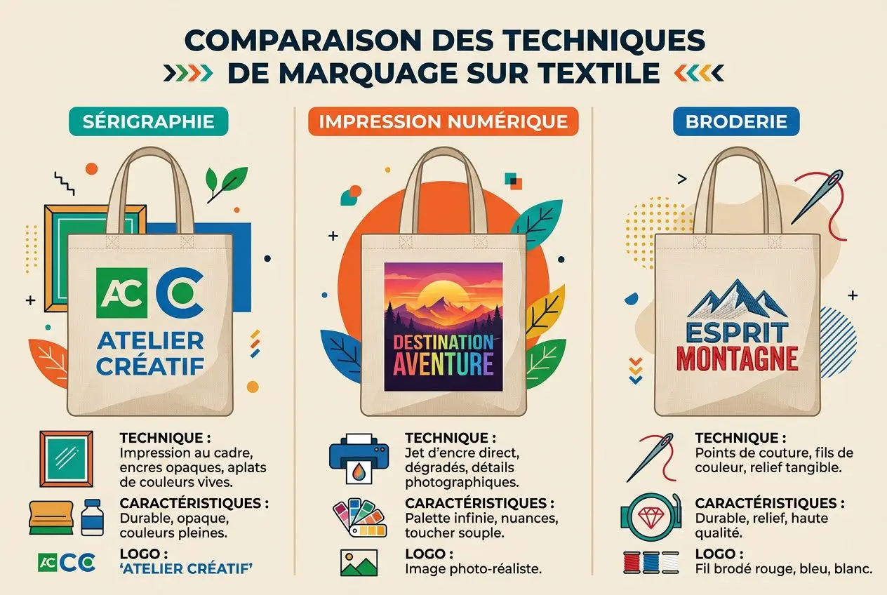 Comparaison des techniques de marquage sur textile: tote bag coton bio personnalisé présenté avec broderie, sérigraphie et impression numérique.
