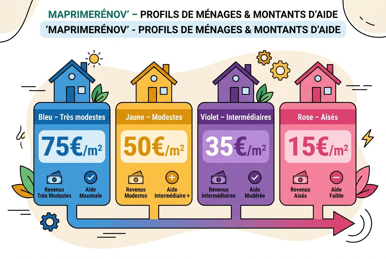 Diagramme coloré montrant des maisons et des étiquettes de tarifs d’isolation: 75€/m² bleu, 50€/m² jaune, 35€/m² violet, 15€/m² rose, avec flèches et icônes “revenus” et “aide”. isolation 1€ sans conditions de ressources évoquée.