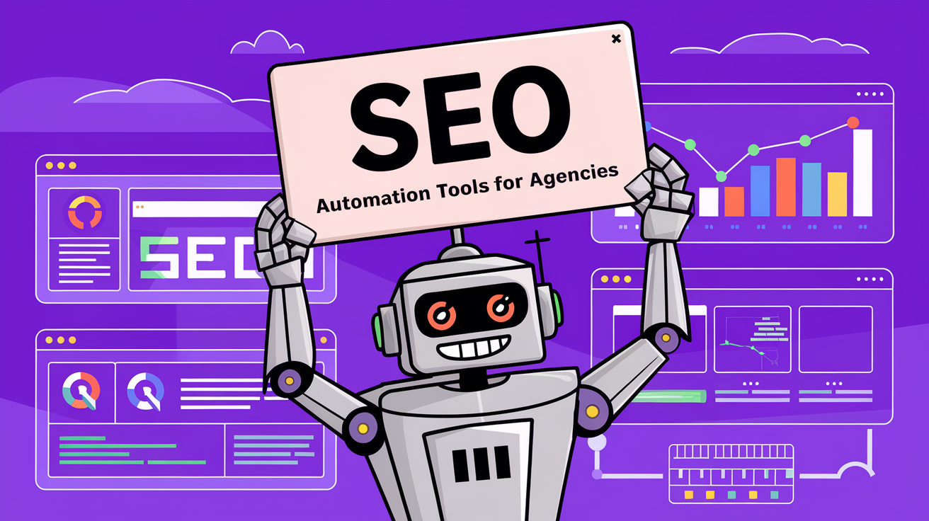 Robot holding a sign that reads SEO, with charts and dashboards in the background, highlighting best ai seo tools 2026.