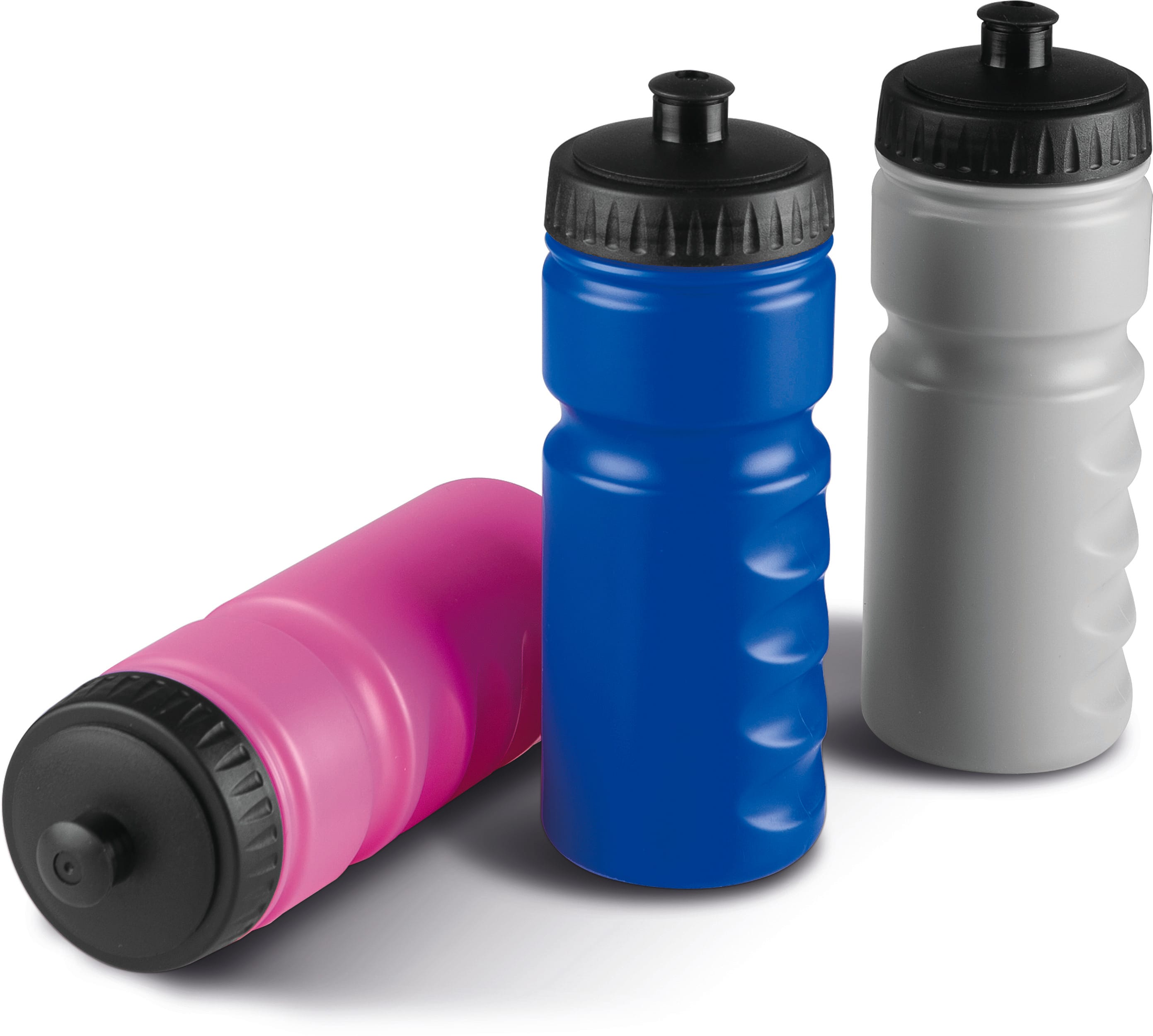 Gourdes réutilisables en bleu, gris et rose avec bouchons noirs, présentées comme objets personnalisés entreprise.