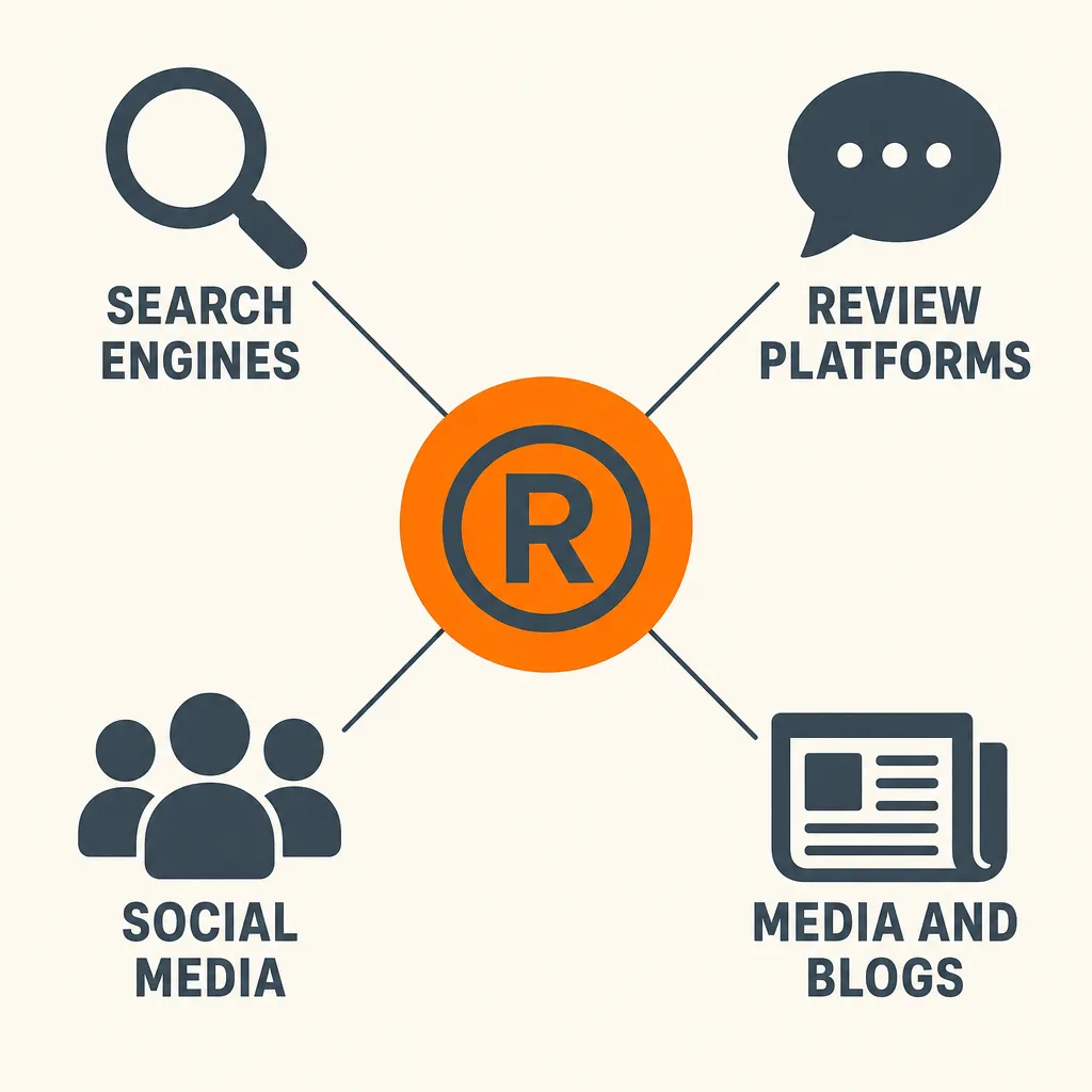 Infographic of the main online reputation channels: search engines, review platforms, social media and media and blogs.