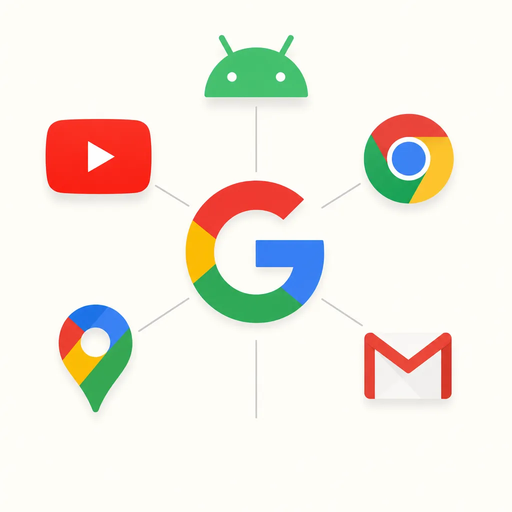 Illustration of the Google ecosystem with its major services (YouTube, Android, Chrome, Maps, Gmail) orbiting the main logo.