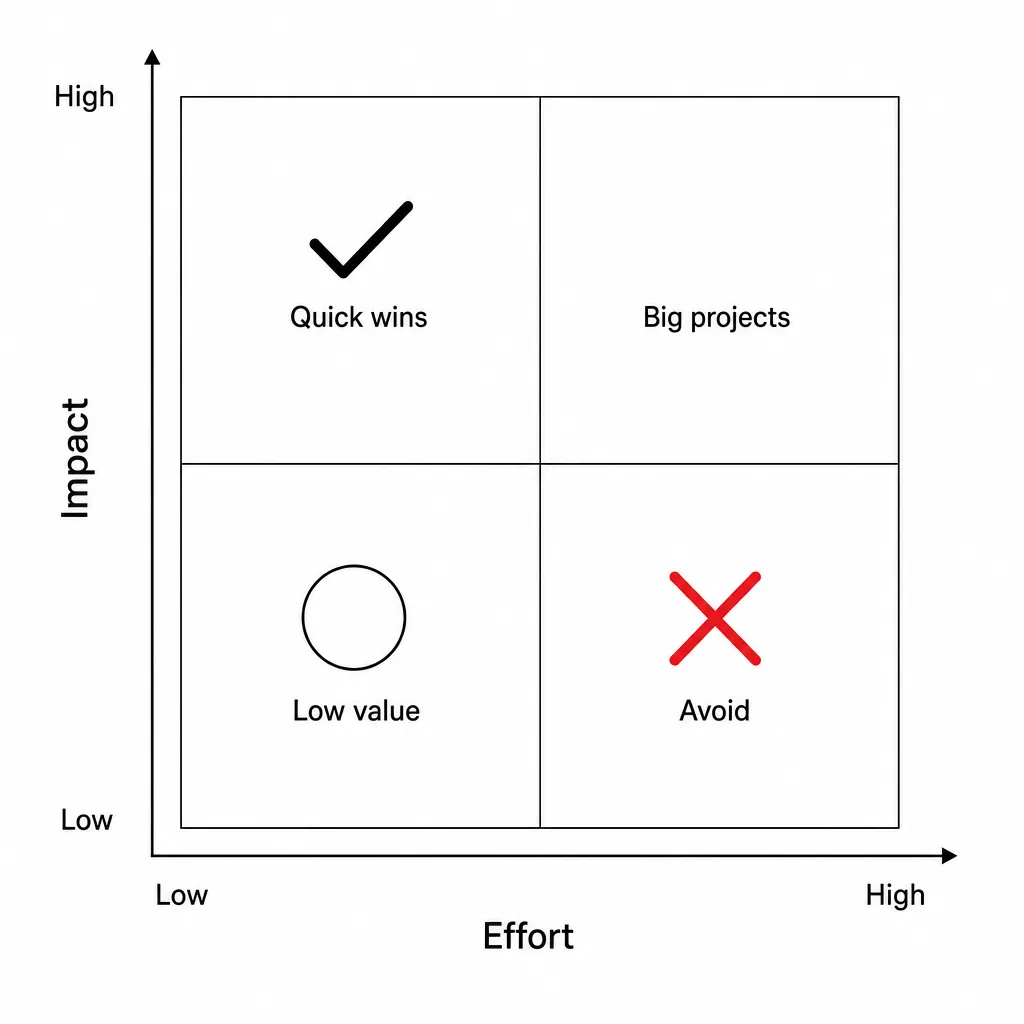 Impact vs. Effort matrix for prioritising SEO actions after an audit.
