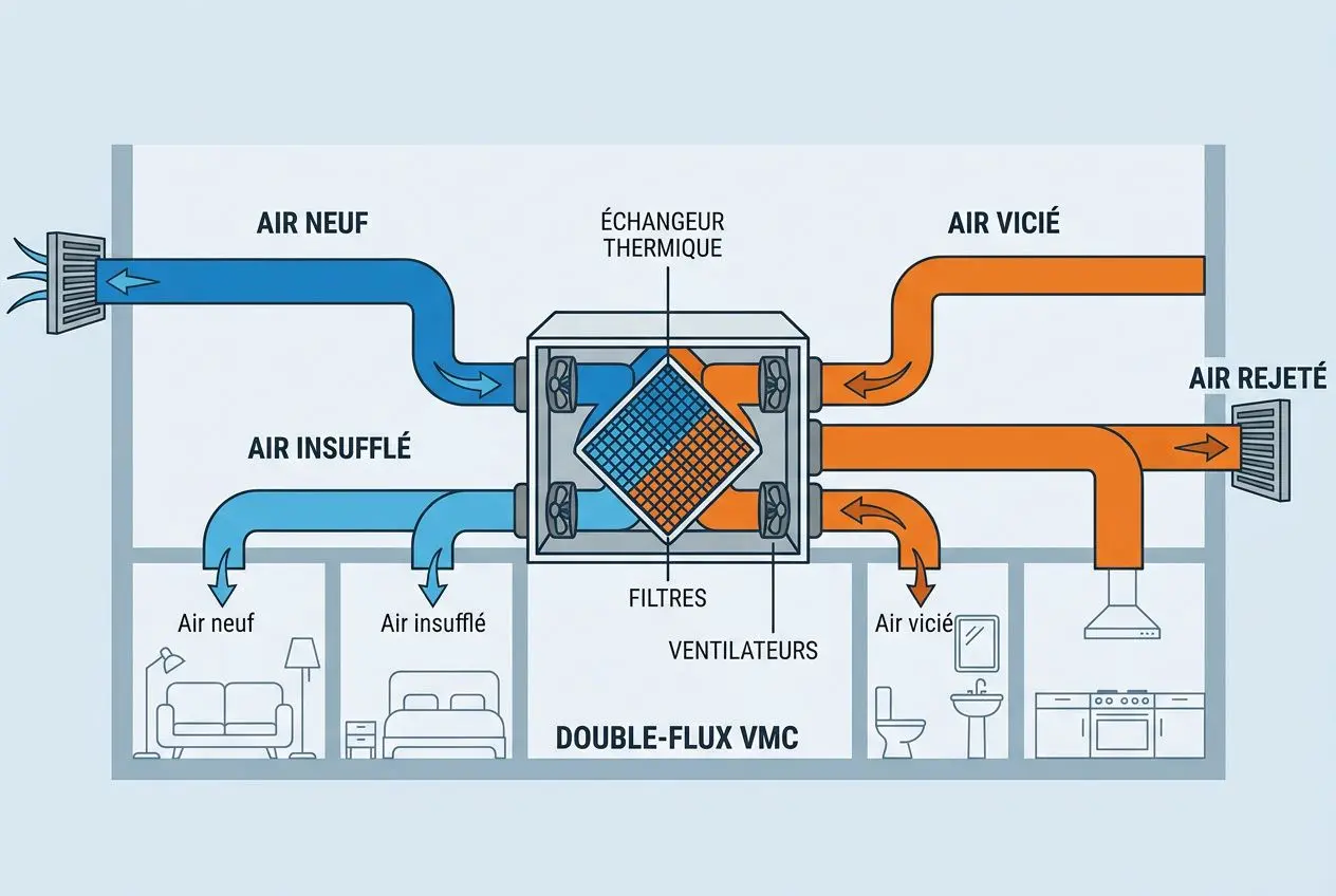 Schéma montrant une VMC double-flux avec flux d’air neuf et air vicié, échangeur thermique et filtres, inspirant et soufflant dans les pièces. différe nts types de ventilation mécanique contrôlée.