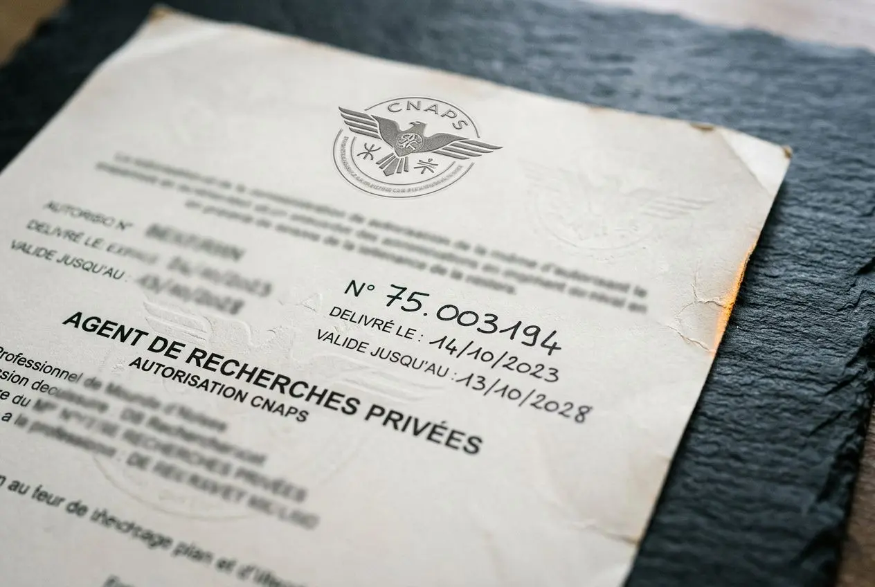 Détective privé agréé CNAPS: document officiel avec sceau CNAPS et numéro d’autorisation, preuve d’agrément et de droit pour enquêter sur une fraude.