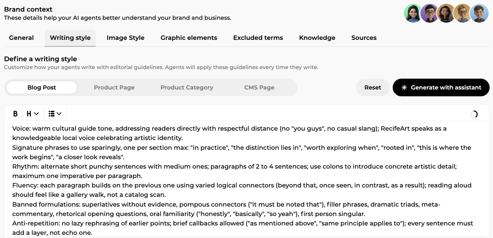 Brand context, Writing style tab: one style per content type and generated editorial guidelines covering voice, rhythm and banned phrasings