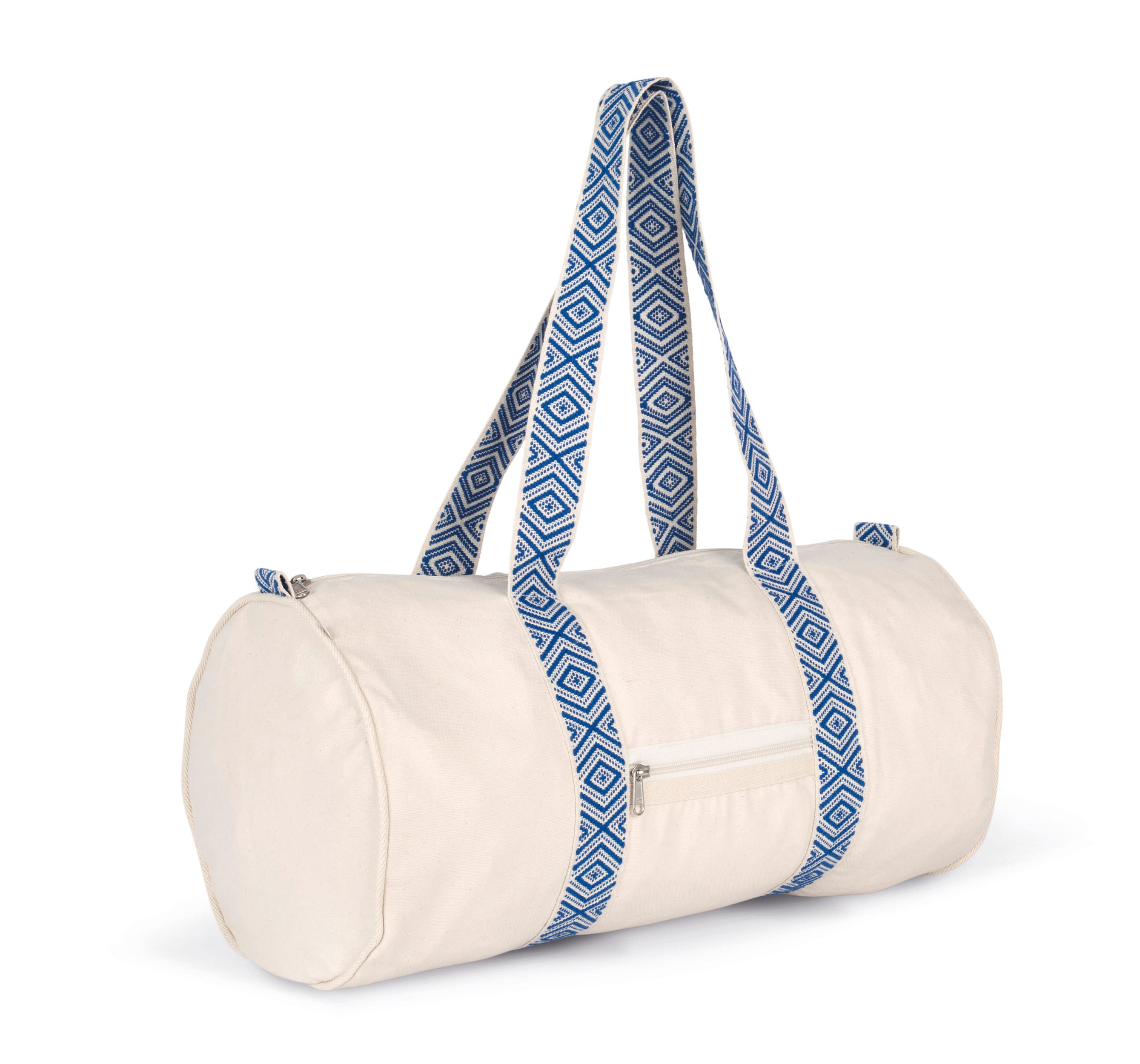 Sac polochon en coton écru avec anses tissées à motifs bleus