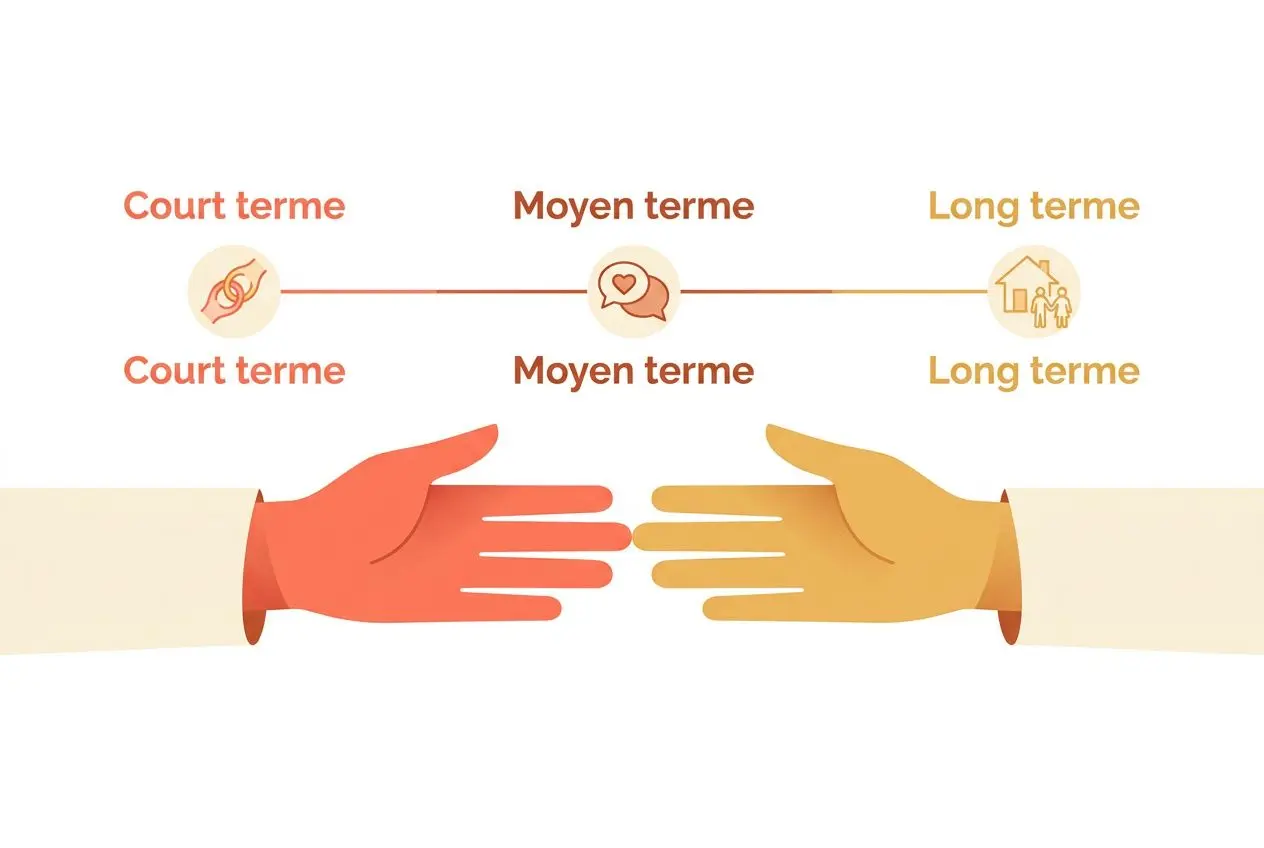 Deux mains qui se tendent en signe de rapprochement, avec une ligne temporelle indiquant court, moyen et long terme. trajets symbolisés par des icônes de pardon, conversation et maison. <comment sauver son couple> est évoqué.