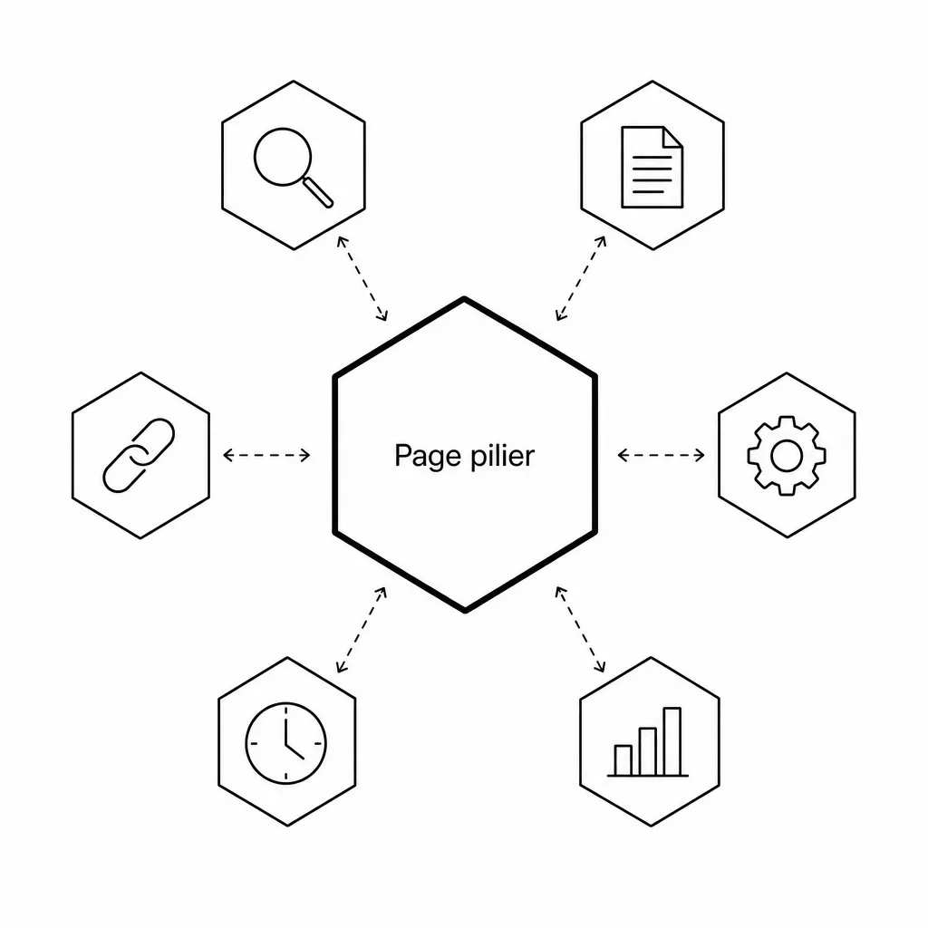 Schéma d'autorité thématique : une page pilier centrale reliée à six pages clusters par des liens réciproques.