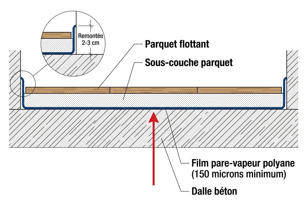 Schéma montrant un parquet flottant posé sur une sous-couche avec un pare-vapeur polyane sous le parquet et sur dalle béton, remontée 2–3 cm.