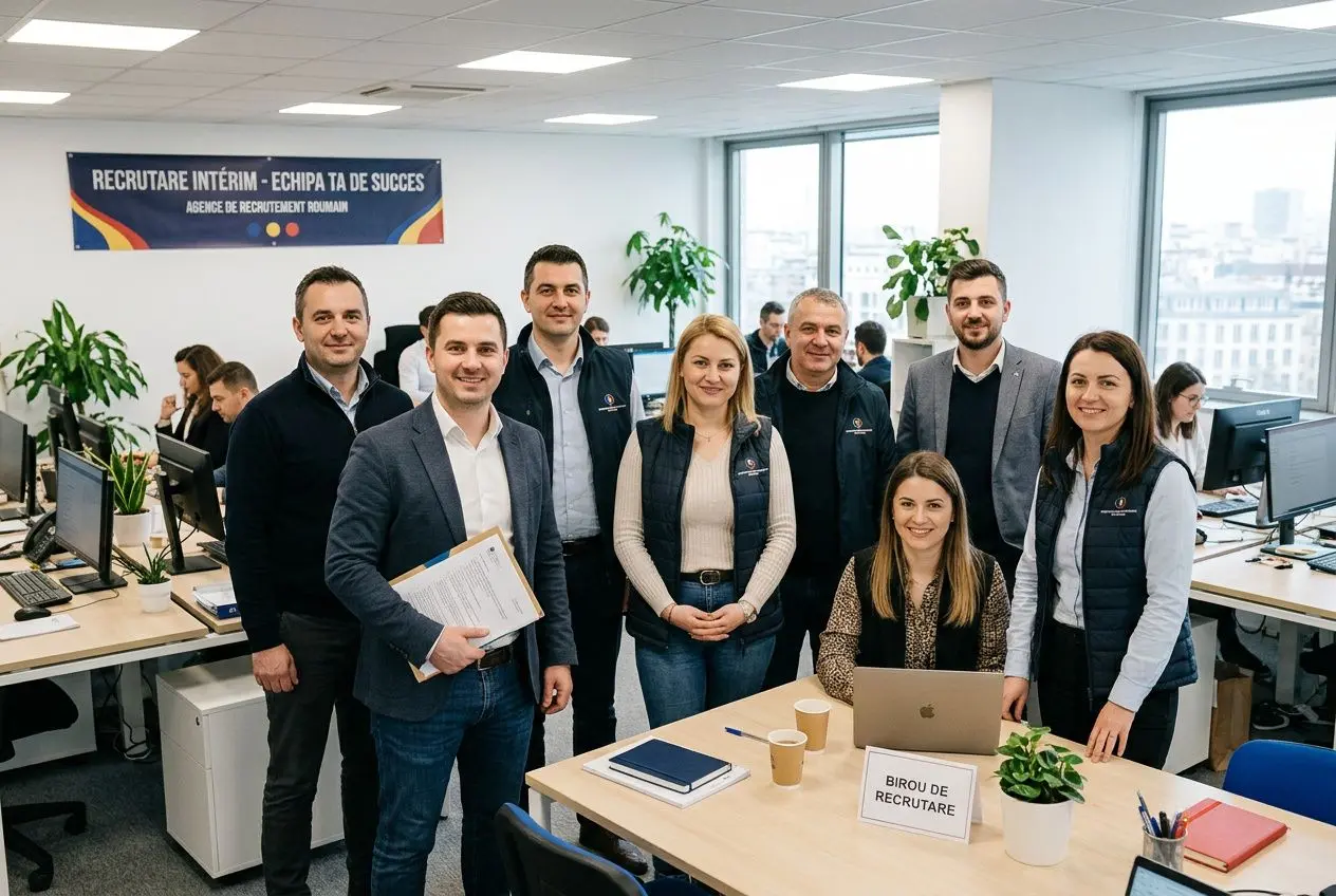 Groupe de professionnels souriants dans un bureau moderne, signifiant « Bureau de recrutement », dressé près d’ordinateurs et de plantes. Intègre naturellement le terme agence intérim travailleur roumain.