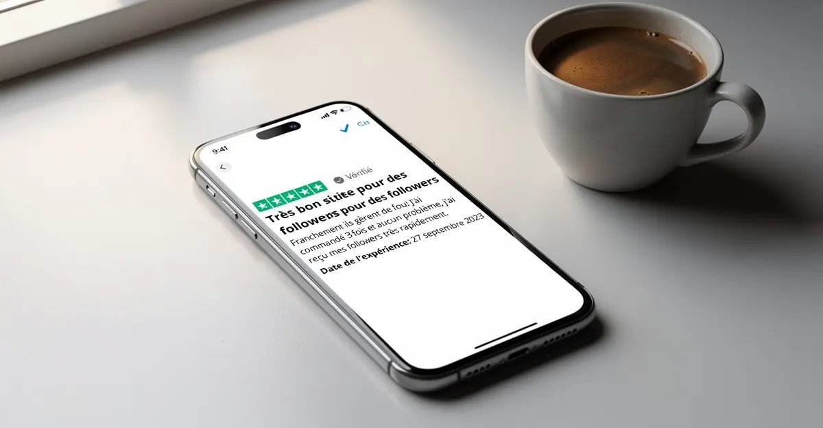 Smartphone affichant un avis client vérifié cinq étoiles sur un bureau lumineux