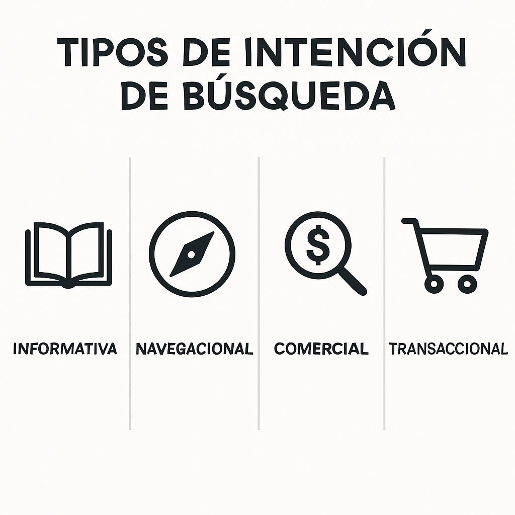Esquema de los cuatro tipos de intención de búsqueda: informativa, navegacional, comercial y transaccional.