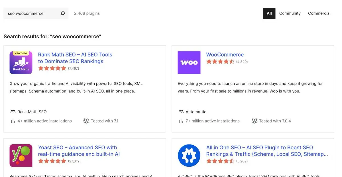 WordPress plugin directory, search for seo woocommerce: 2,468 plugins, Rank Math 4+ million active installations, Yoast SEO 27,819 reviews