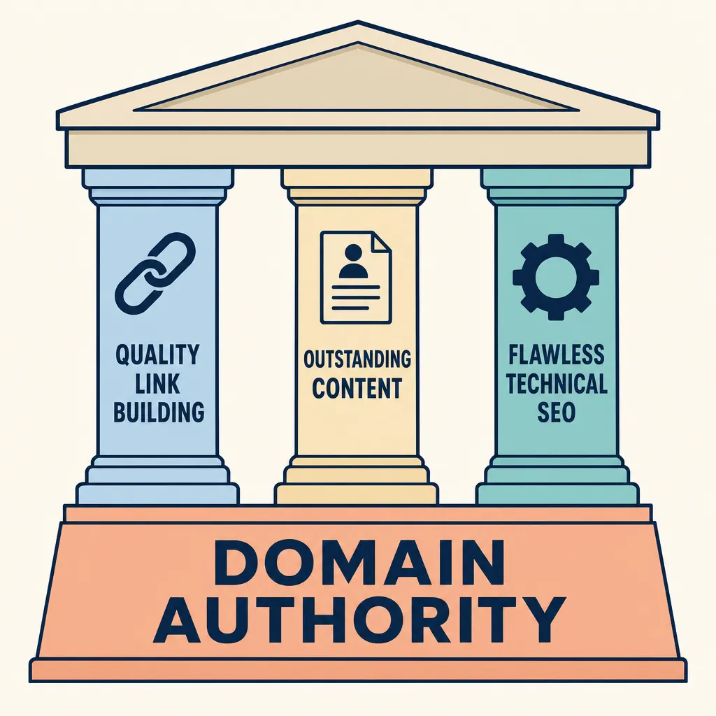 Diagram of the three pillars of domain authority: quality link building, outstanding content and flawless technical SEO.