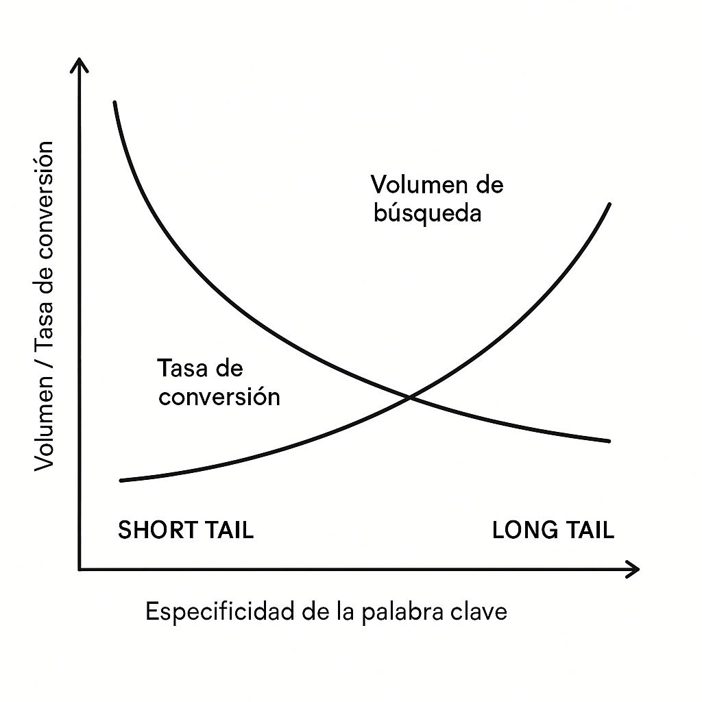 Gráfico comparativo de palabras clave short tail y long tail, mostrando cómo el volumen de búsqueda disminuye y la tasa de conversión aumenta con la especificidad de la palabra clave.