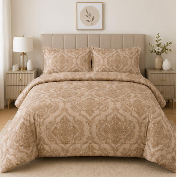 King-size bed with beige patterned bedding; cozy, layered comforter set in a softly patterned fabric, matching pillows, in a calm bedroom. bedding fabric lasts longest in canada