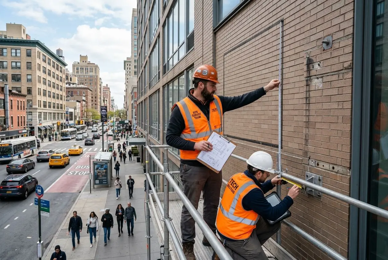 Deux techniciens en sécurité et gilets orange travaillent sur une plateforme extérieure pour l’installation des écrans LED géants, avec plans et outil de mesure à Paris.