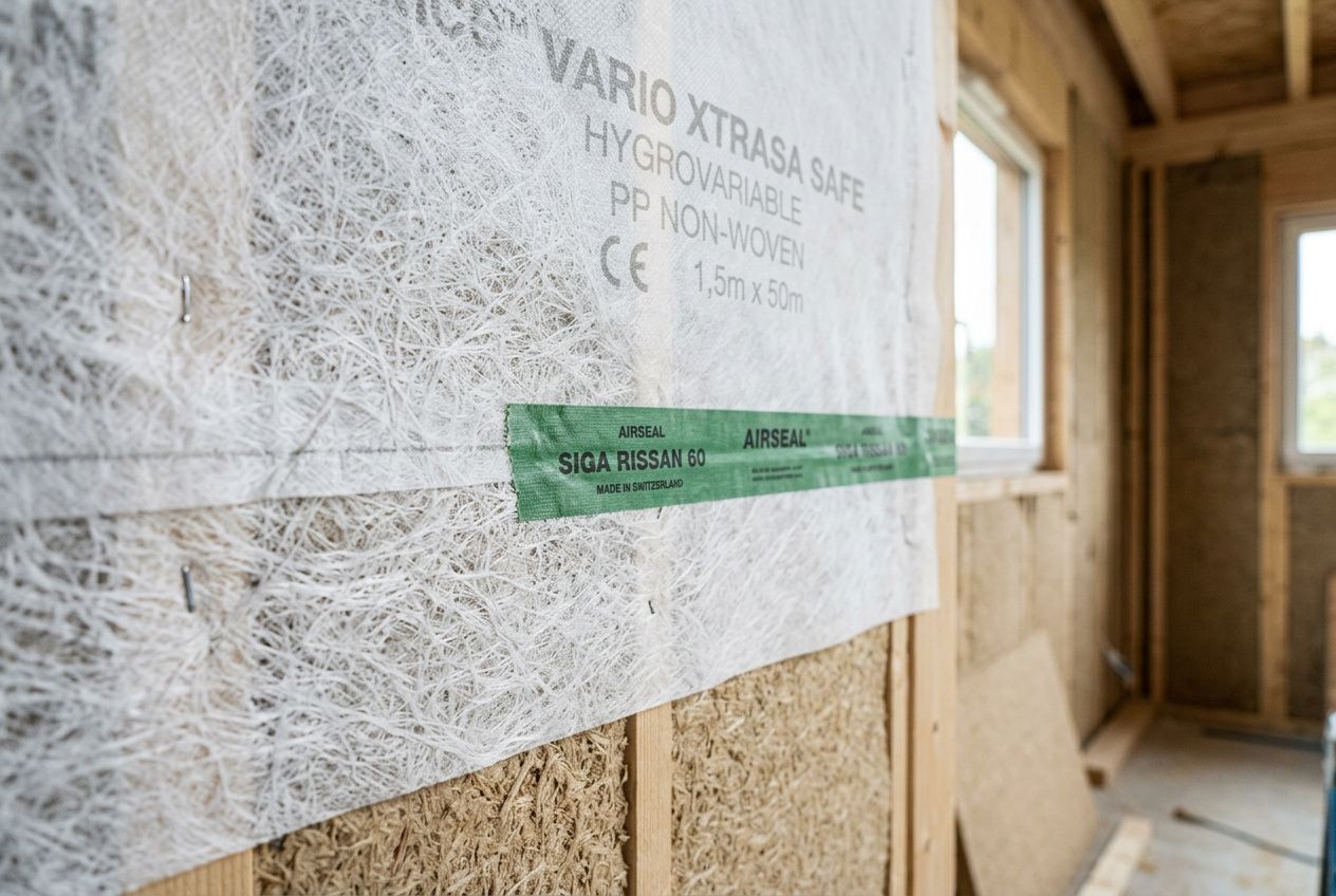 Pare-vapeur hygrovariable en pose sur une paroi d’intérieur, housse de protection et étiquette verte sur le matériaux, chantier d’isolation en cours.