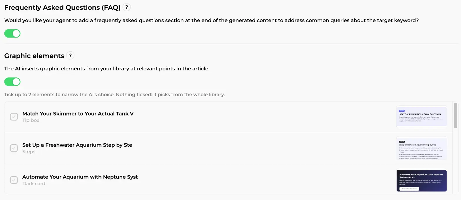 FAQ and Graphic elements switches enabled, with the brand's element library listed below