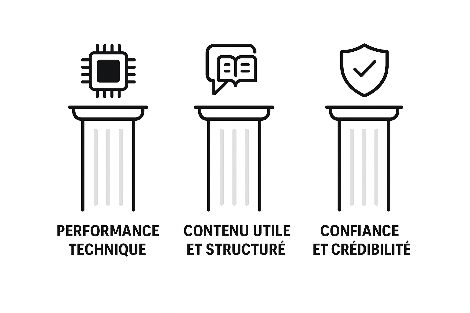 Infographie des trois piliers du SXO : performance technique, contenu utile et structuré, et confiance et crédibilité.