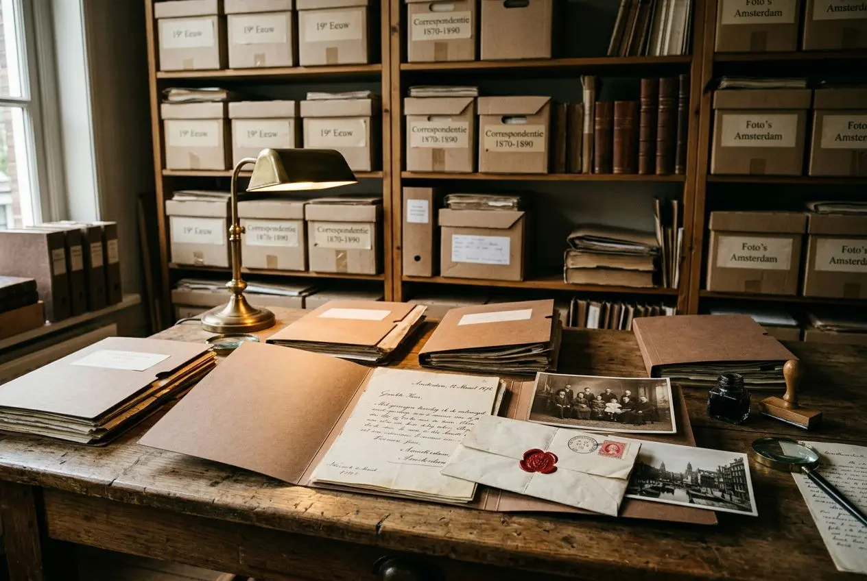 Een antieke onderzoeksbank met documenten, brieven en foto’s, omringd door doosjes archiefstukken en een leeslampje. Geschiedenis analyseren in actie.