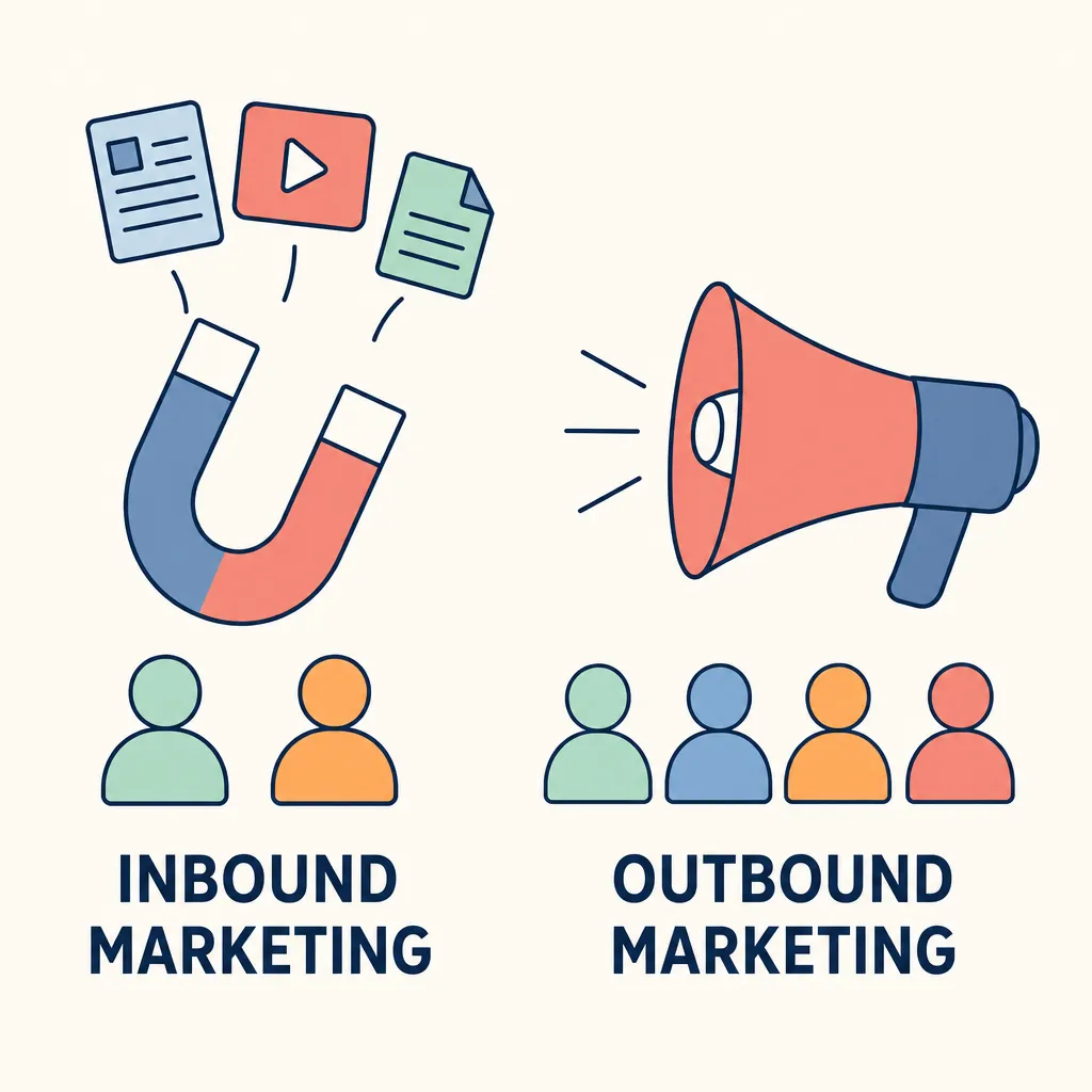 Diagram comparing inbound marketing's attraction strategy (the magnet) with outbound marketing's outreach strategy (the megaphone).