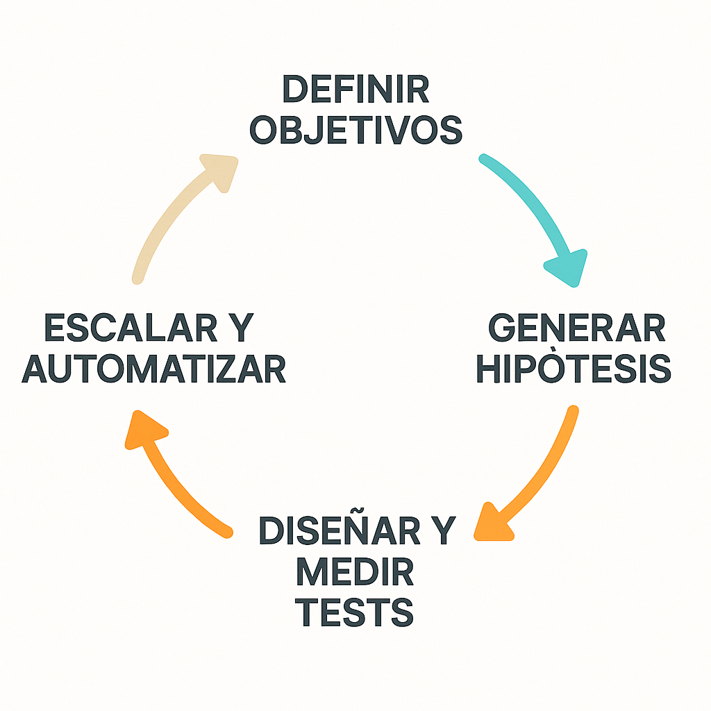 Diagrama del ciclo de experimentación continua en growth hacking, mostrando el proceso de definir objetivos, generar hipótesis, medir tests y escalar las soluciones validadas.
