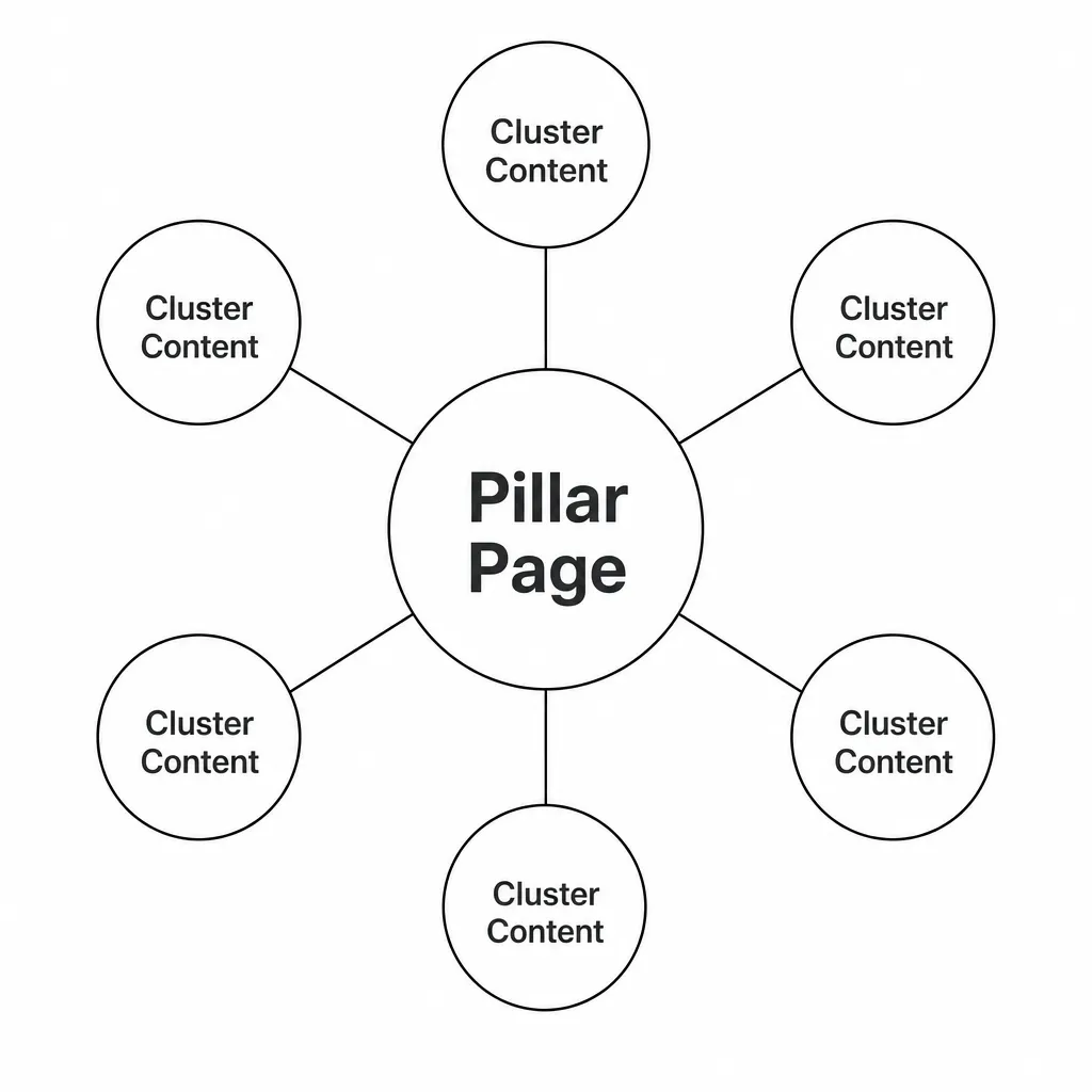 Diagram of the topic cluster model showing a central pillar page linked to cluster content for SEO.