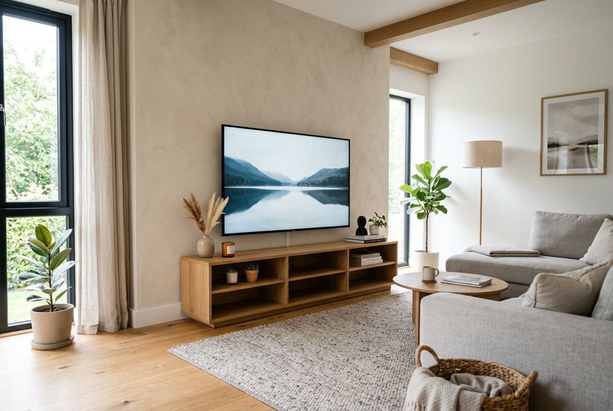 Meuble TV en bois naturel avec rangements sous écran, salon lumineux et cosy, style scandinave. comment choisir meuble tv dans ce cadre.
