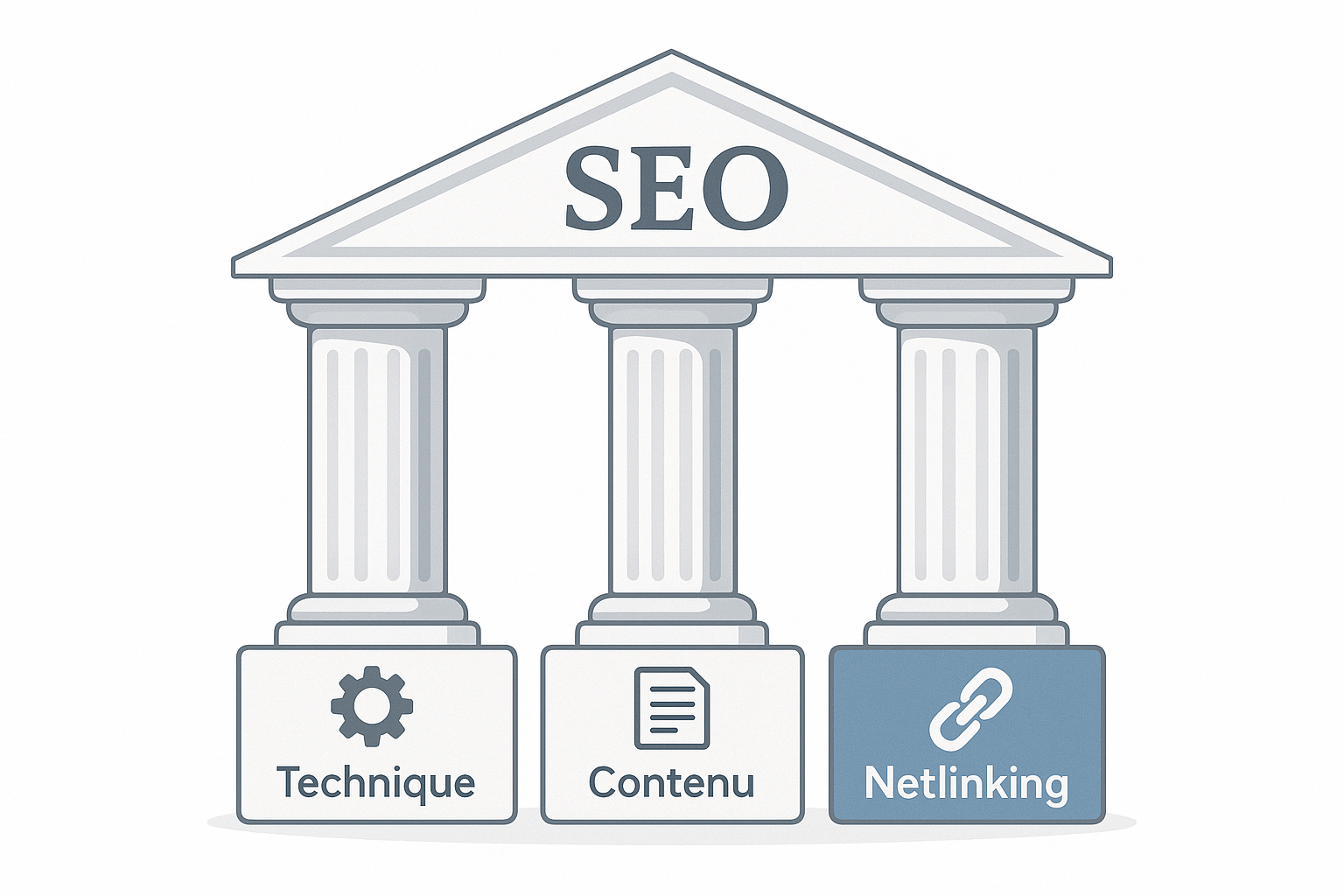 Graphique des trois piliers du SEO : Technique, Contenu et Netlinking, illustrant leur importance égale pour le référencement.